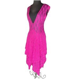 Y2K Pink Lace Sheer Top Asymmetric Hem Romantic Dress M Fairy Feminine Whimsy